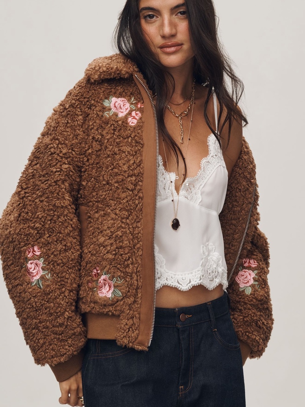By Anthropologie Floral Embroidered Sherpa Bomber Jacket